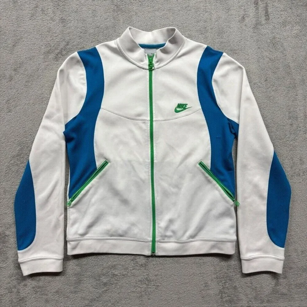 Vintage‎ Nike Full Zip Track Jacket Womens XL White Blue Swoosh Embroidered Gym